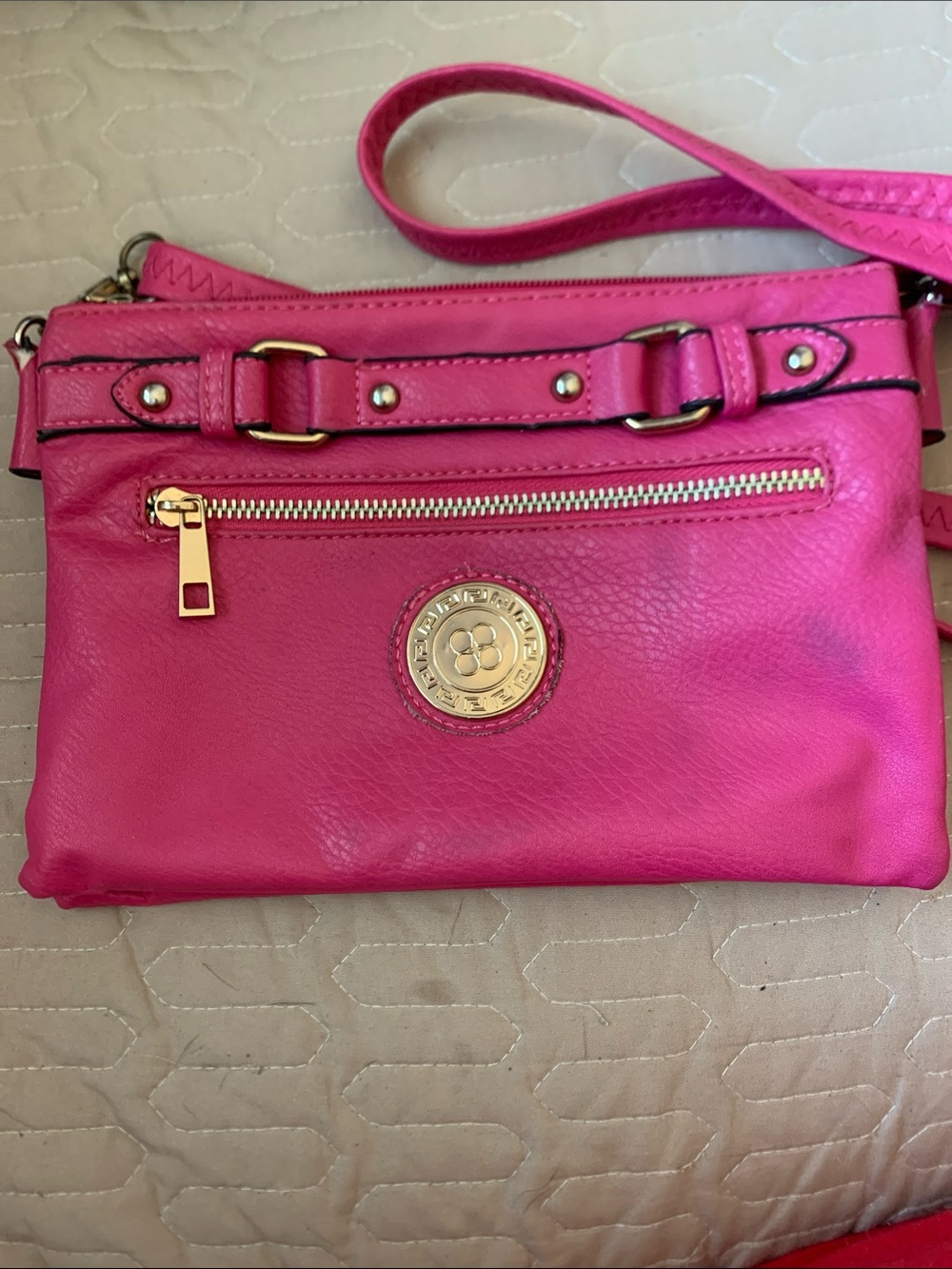 Bright Pink Crossbody Bag with Gold Emblem